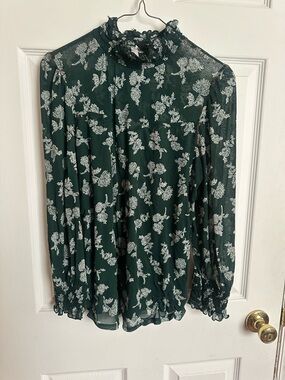 Collection B Dark Green Floral Sheer Mock Neck Blouse